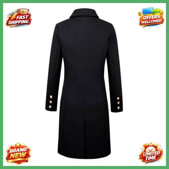 Wool Blend Double Breasted Midi Peacoat Trench Coat Women's Winter Coat - Picture 4 of 5